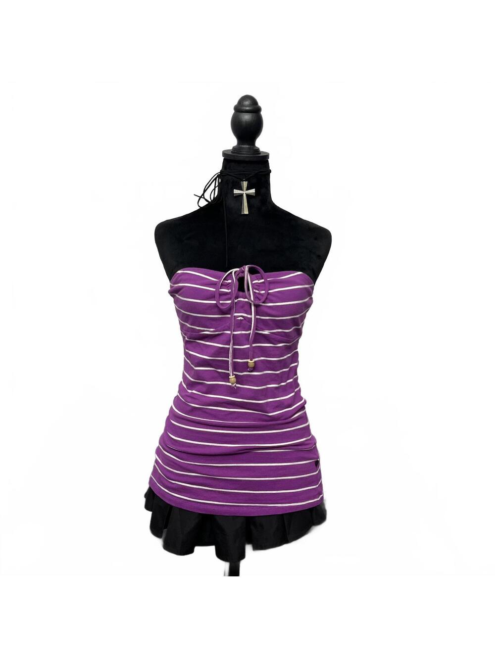 Y2K Oxygen Purple White Striped Tube Top Beaded Strings Sz L 2000s McBling